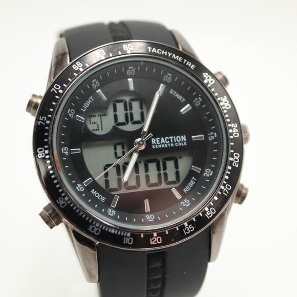 Kenneth Cole Reaction Mens 45mm AnaDigi Watch Black Alarm Chrono w New Battery - Picture 11 of 14